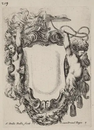 Cartouche with Infant Satyrs, by Stefano Della Bella, ink, 1647