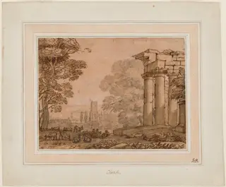 Landscape with Ruins, Pastoral Figures, and Trees, by Claude Lorrain, ink, 1650