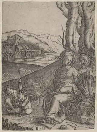 Woman and Satyr with Two Cupids, by Benedetto Montagna, ink, 1509