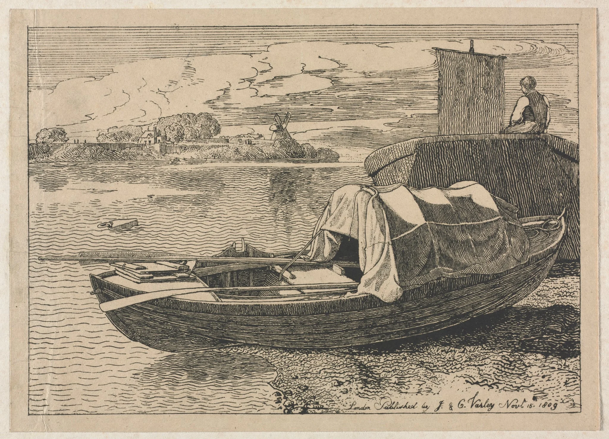 Boats on a River, Windmill in Distance, detail