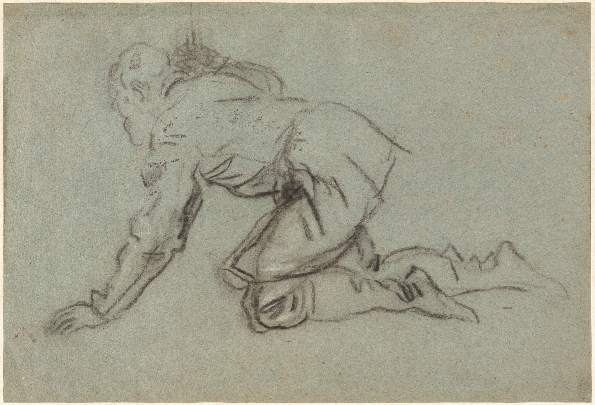 A Kneeling Man Holding a Staff [recto], detail