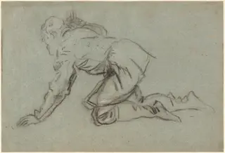 A Kneeling Man Holding a Staff [recto], by Jacopo Tintoretto, charcoal, 1554
