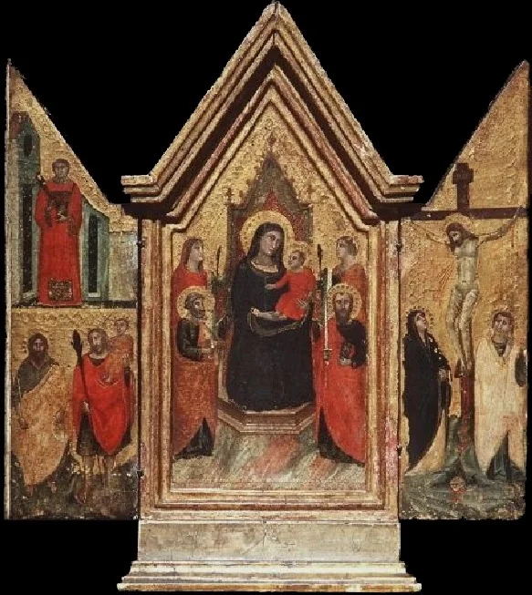Crucifixion, Madonna, and saints, detail