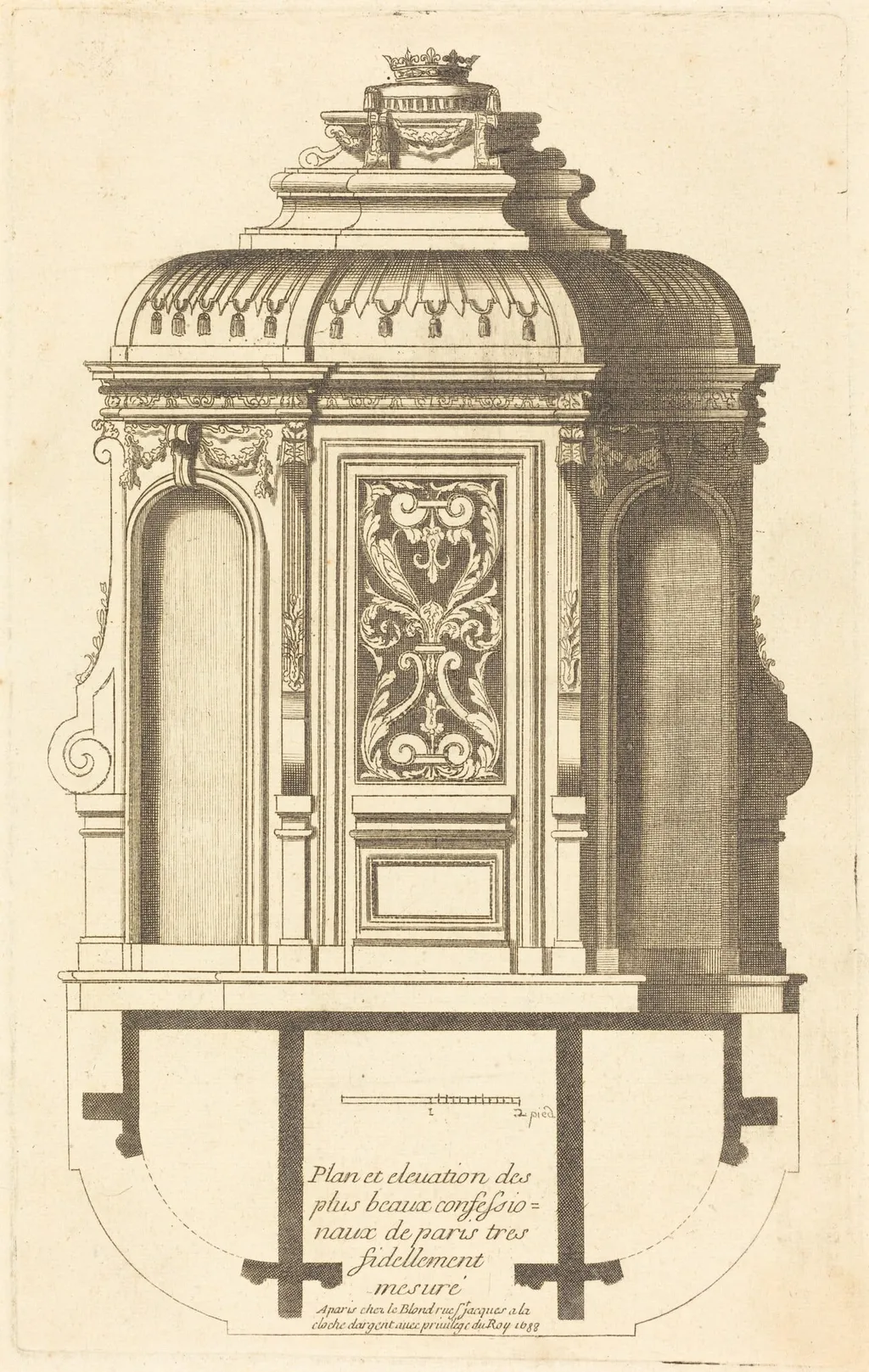 Plan et elevation des plus beaux confessionnaux de Paris, tres fidelemant mesure, by Jean Le Blond, ink, 1688