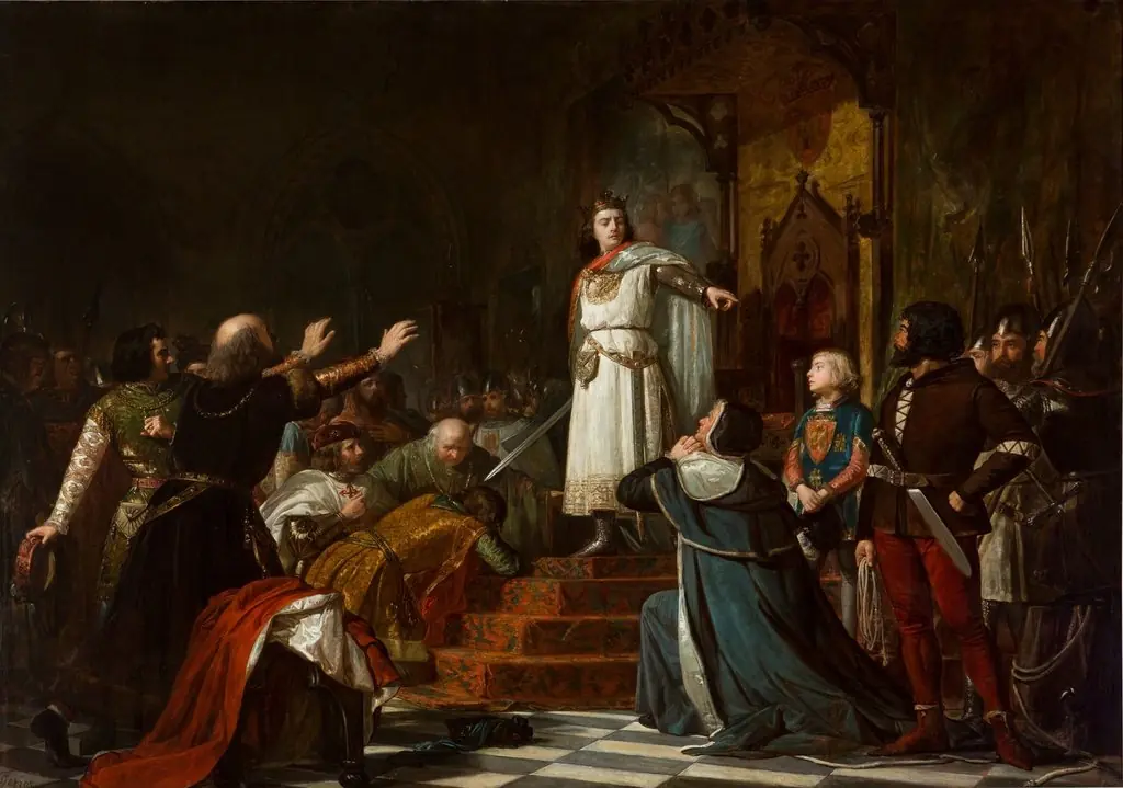 Episodio del reinado de don Enrique III de Castilla llamado el Doliente cuando al día siguiente de haber tenido que empeñar su gabán para comer corrige el orgullo y desmanes de los señores y ricoshomes de Castilla, by Dionisio Fierros, oil, 1866