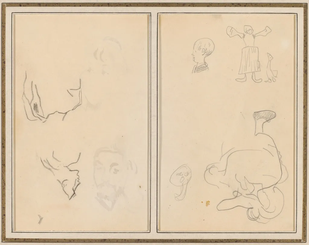 Head of a Man with a Study of His Back; Various Sketches with a Peasant Woman and a Goose [recto], by Paul Gauguin, graphite, 1886