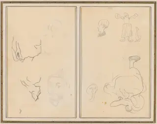 Head of a Man with a Study of His Back; Various Sketches with a Peasant Woman and a Goose [recto], by Paul Gauguin, graphite, 1886