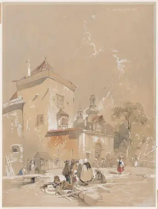 Gateway and buildings in Spain, by David Roberts, watercolor, 1820