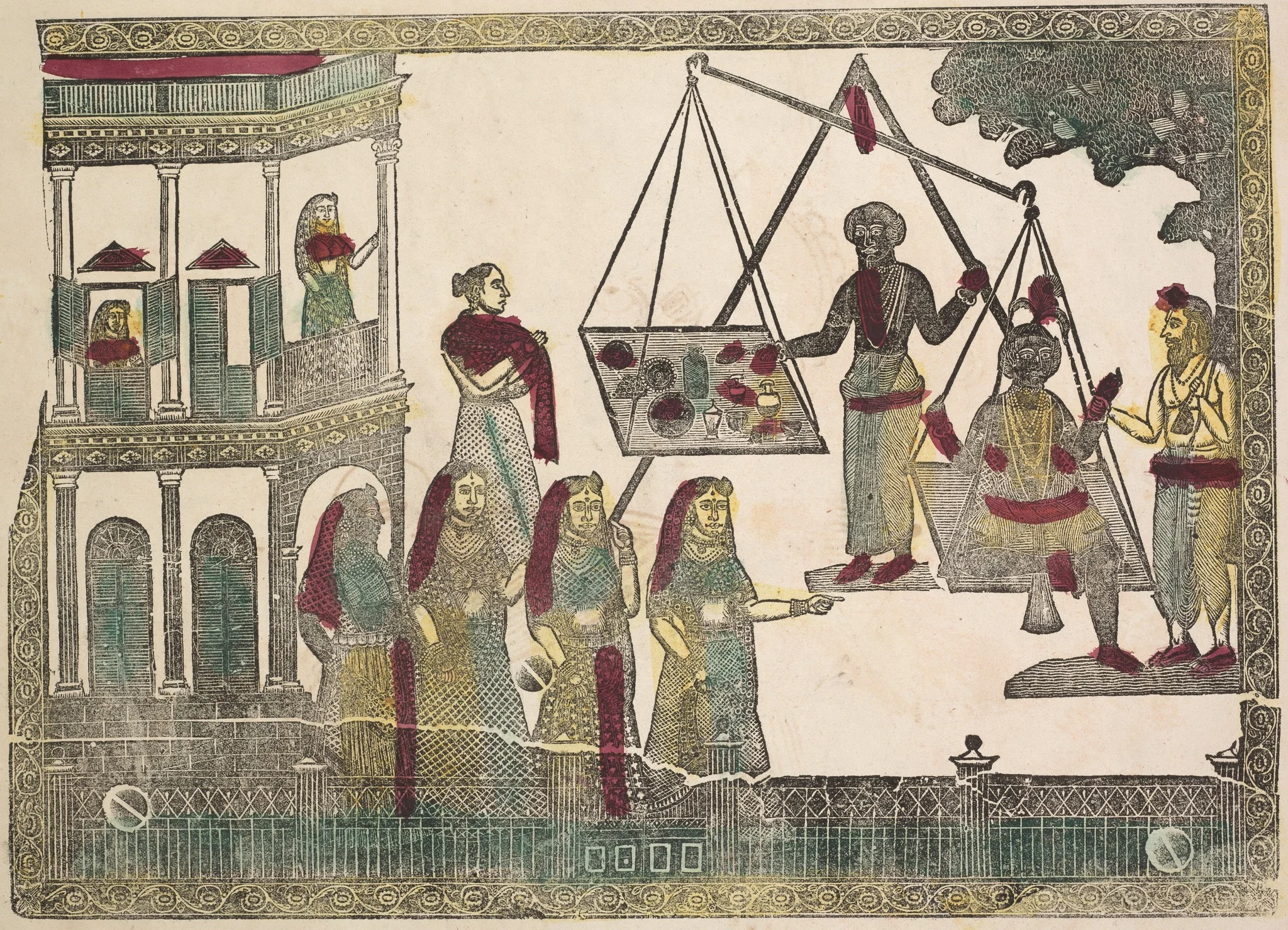 Krishna weighed against precious objects(?) (verso), from a Kalighat album, detail