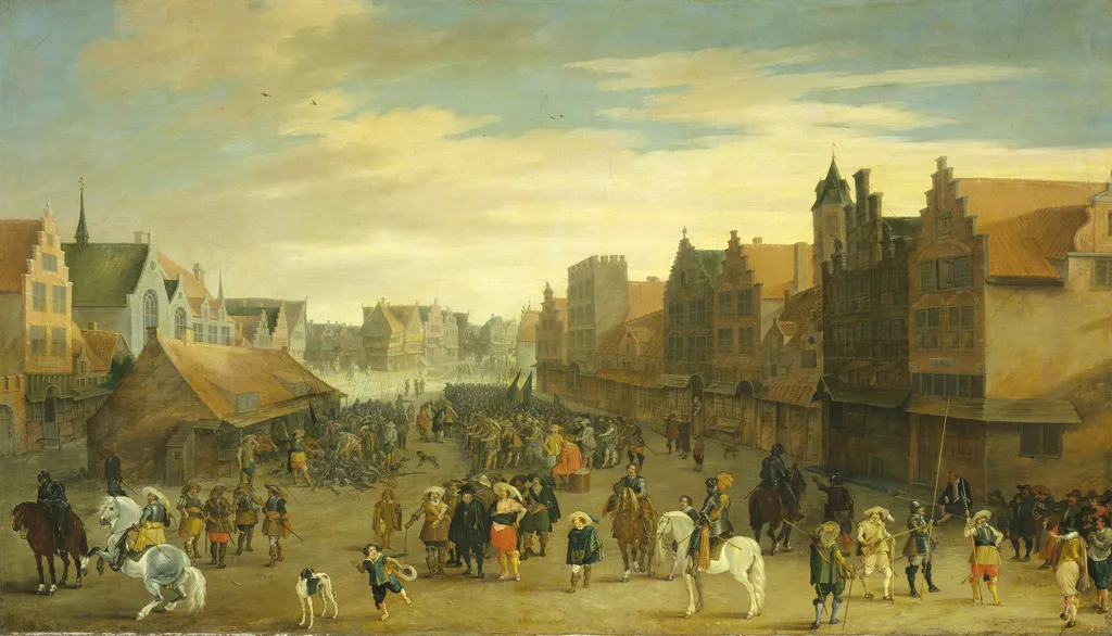 The disbanding of the 'waardgelders' (mercenaries in the pay of the town government) by Prince Maurits on the Neude, Utrecht, 31 July 1618, by Paulus van Hillegaert, oil, 1627