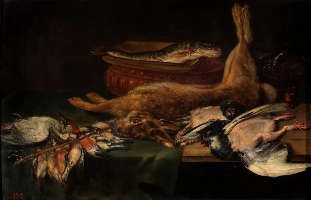 Still life with a hare, dead birds and fish, by Alexander Adriaenssen, oil, 1616