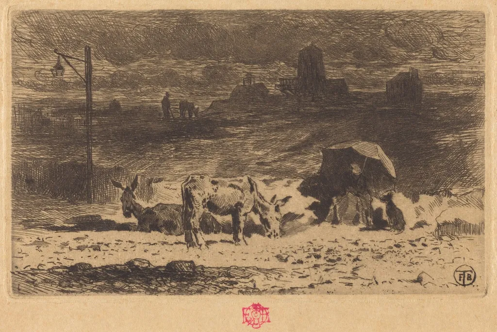 Les Anes de La Butte-aux-Cailles (Donkeys at La Butte-aux-Cailles), by Félix-Hilaire Buhot, ink, 1874