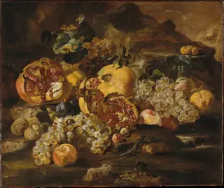 Pomegranates and Other Fruit in a Landscape, by Abraham Brueghel, oil, 1650