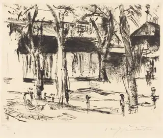 Bahnhof Tiergarten (Court with Trees), by Lovis Corinth, ink, 1920