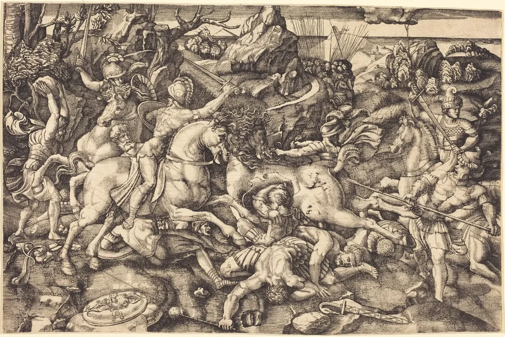 Combat between Horsemen and Foot Soldiers, by Hieronymus Hopfer, ink, 1525