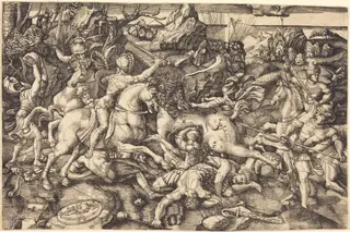 Combat between Horsemen and Foot Soldiers, by Hieronymus Hopfer, ink, 1525