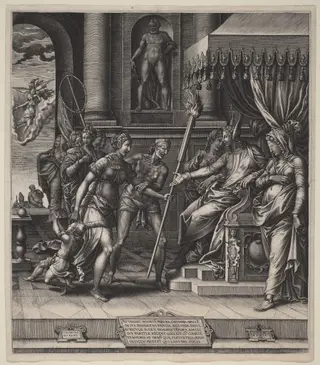 The Calumny of Apelles, by Giorgio Ghisi, ink, 1560