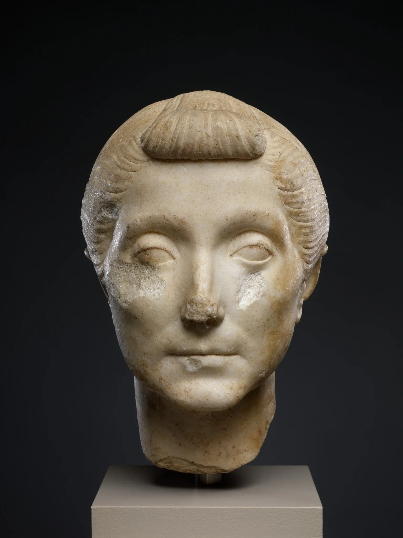 Marble head of an elderly woman, detail