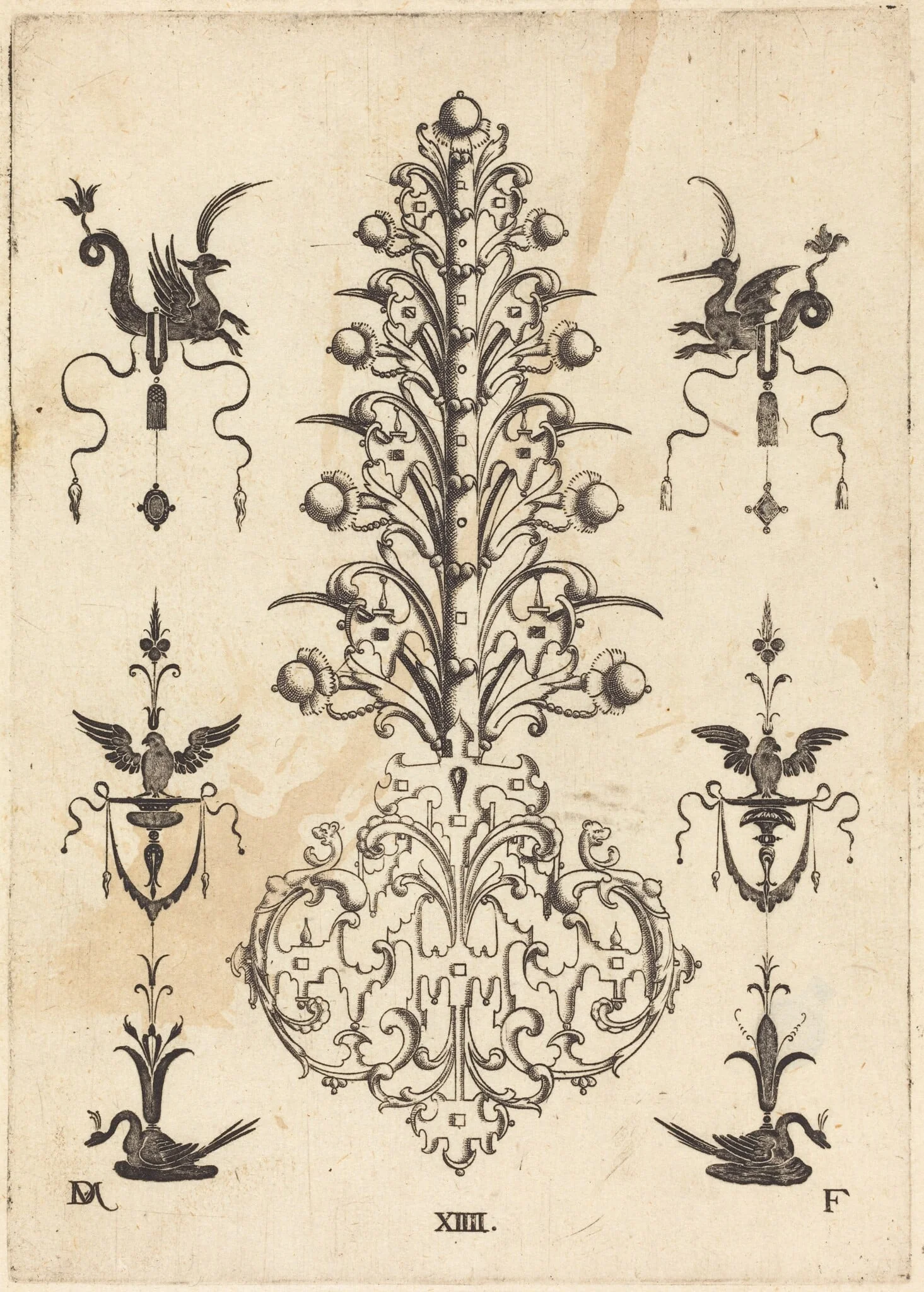 Hyacinth-Shaped Brooch with Winged Animals at Top and Crouching Swans at Bottom, detail
