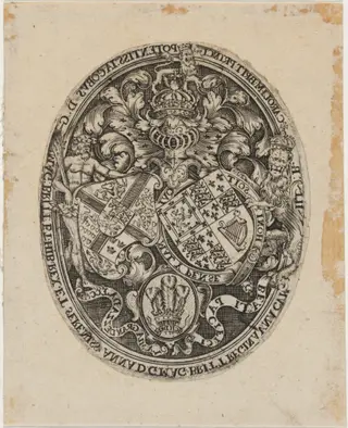 Shield of James I, Anne of Denmark, and Prince Charles, by Simon van de Passe, ink, 1621