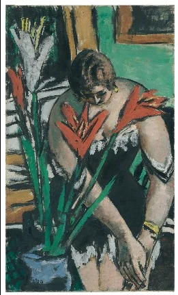 Woman at the toilet with red and white lilies, detail