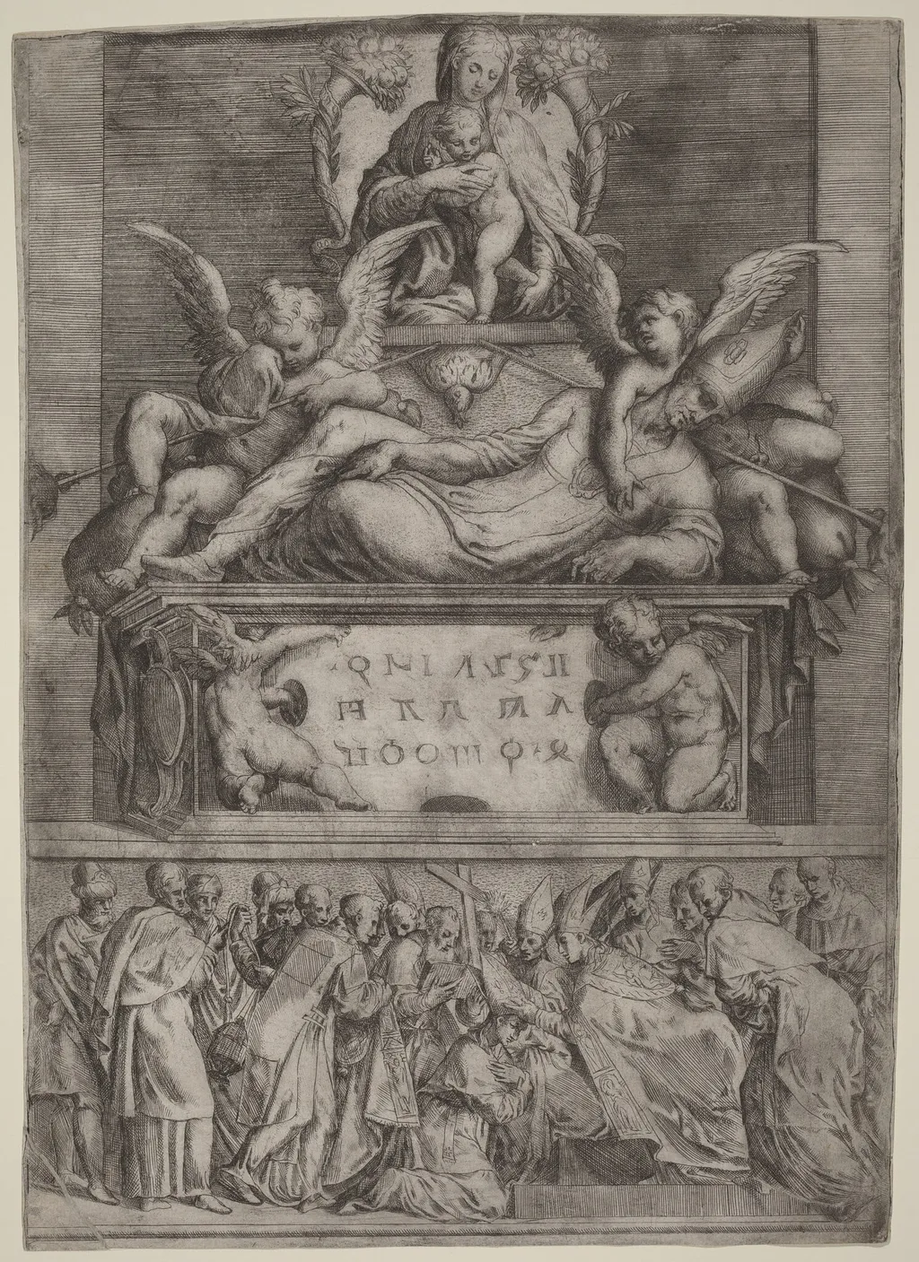Tomb of a Bishop, by Battista Angolo del Moro, ink, 1544
