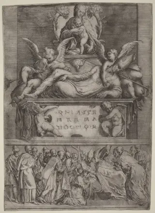 Tomb of a Bishop, by Battista Angolo del Moro, ink, 1544