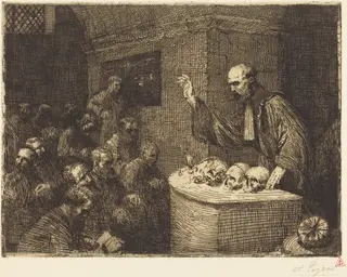 Phrenology Course, 2nd plate (Le cours de phrenologie), by Alphonse Legros, ink, 1906