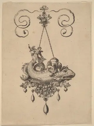 Design for a Pendant with a Fish Carrying Tobias and the Angel, by Adriaen Collaert, ink, 1582