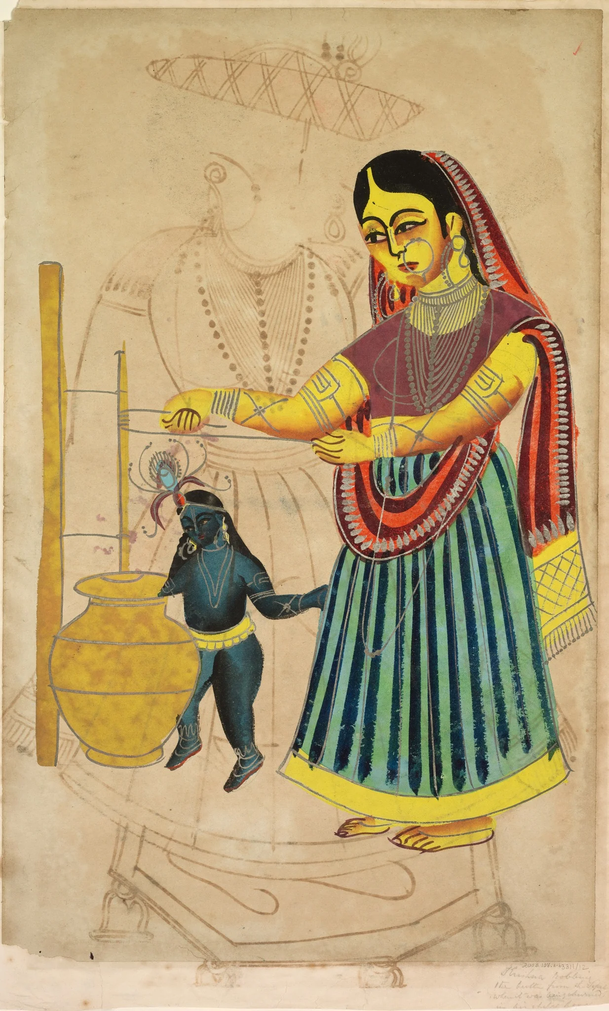 Yasoda Churning Butter (verso), from a Kalighat album, detail