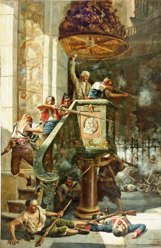 Combate heroico en el púlpito de la iglesia de San Agustín de Zaragoza en el segundo sitio de 1809, by César Álvarez Dumont, oil, 1894