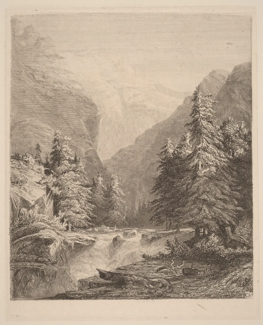 Mountain Waterfall, by Alexandre Calame, ink, 1838
