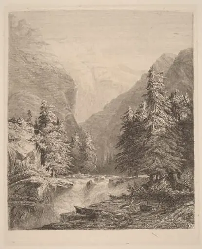 Mountain Waterfall, by Alexandre Calame, ink, 1838