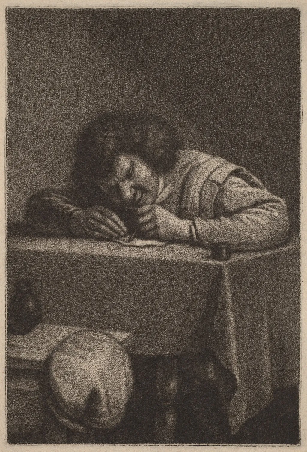 A Man Writing at a Table, by Wallerant Vaillant, ink, 1650