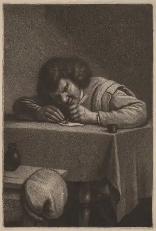 A Man Writing at a Table, by Wallerant Vaillant, ink, 1650