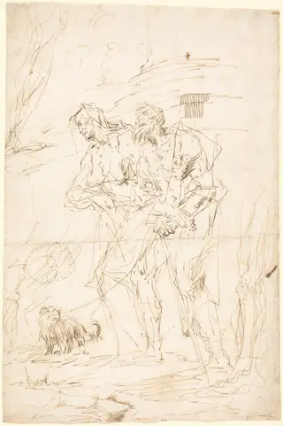 Two Beggars with Their Dog, by Paul Troger, ink, 1728