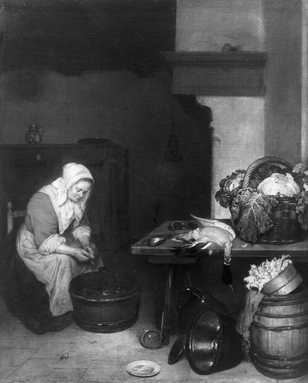 The kitchen, by Caspar Netscher, paint, 1662