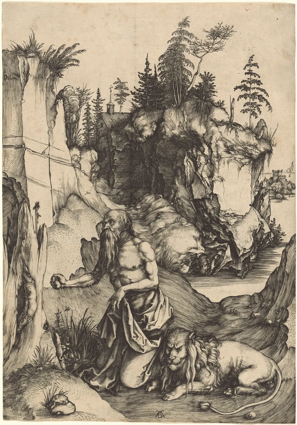 Saint Jerome Penitent in the Wilderness, by Albrecht Dürer, ink, 1496