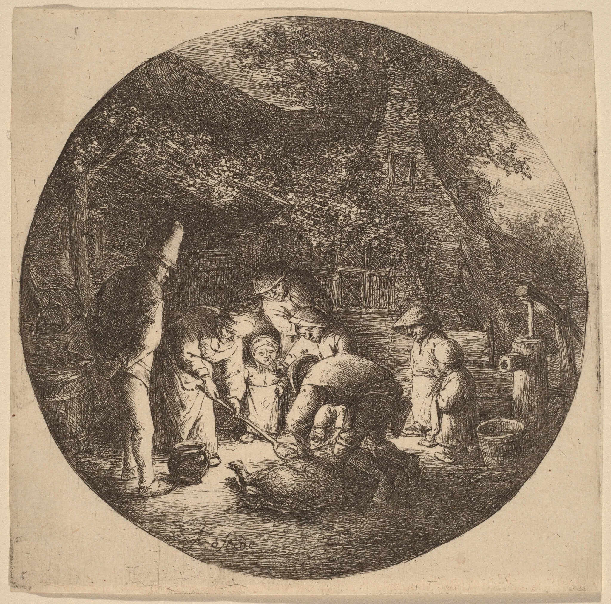 Peasants Outside a Farm Slaughtering a Pig, detail