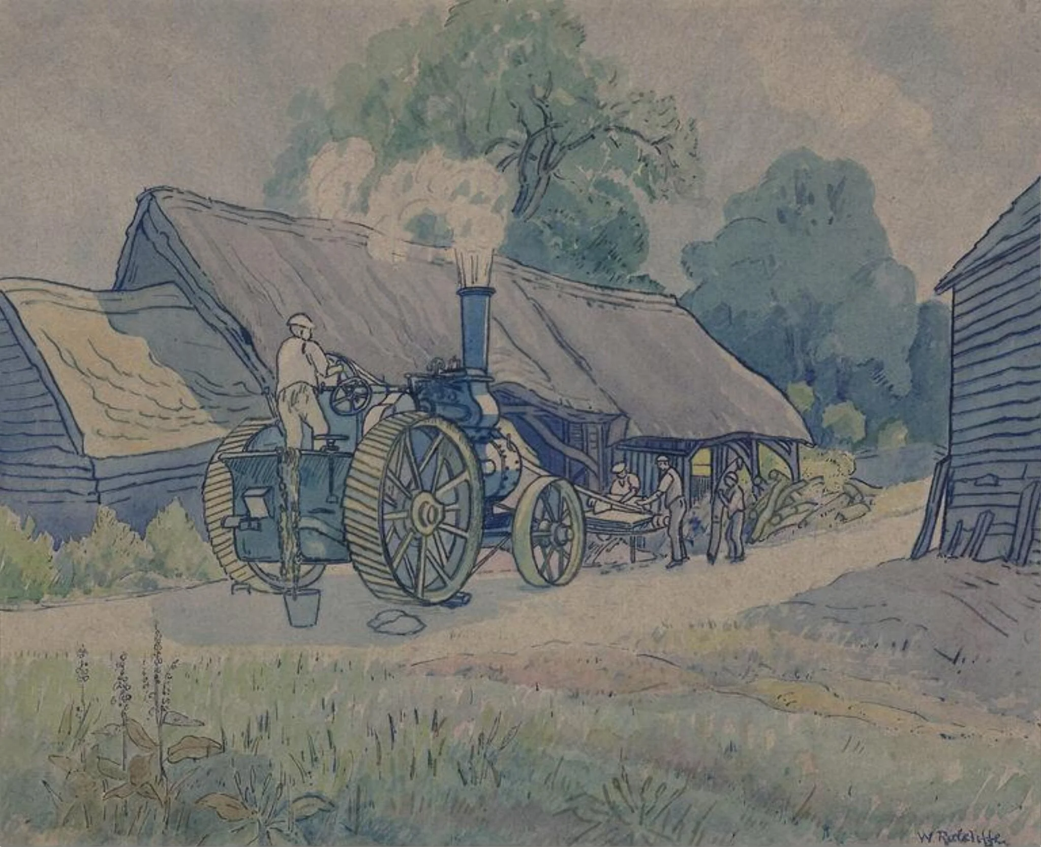 Workmen using a mechanical saw, detail