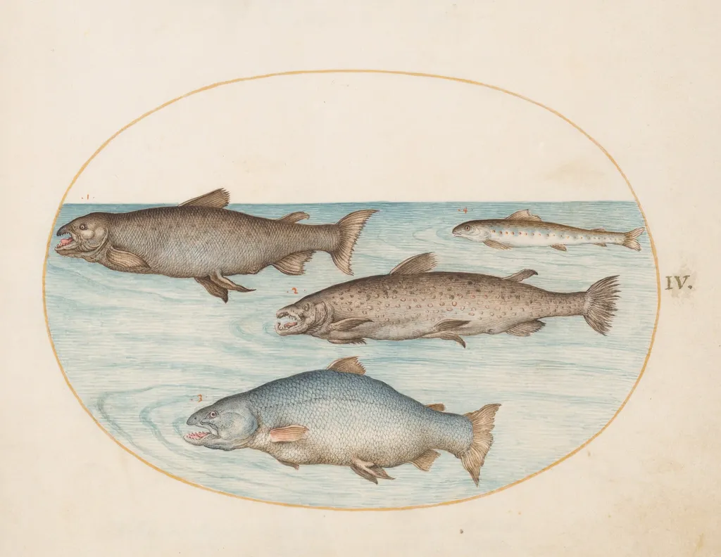 Plate 4: Four Salmon, by Joris Hoefnagel, gouache, 1594