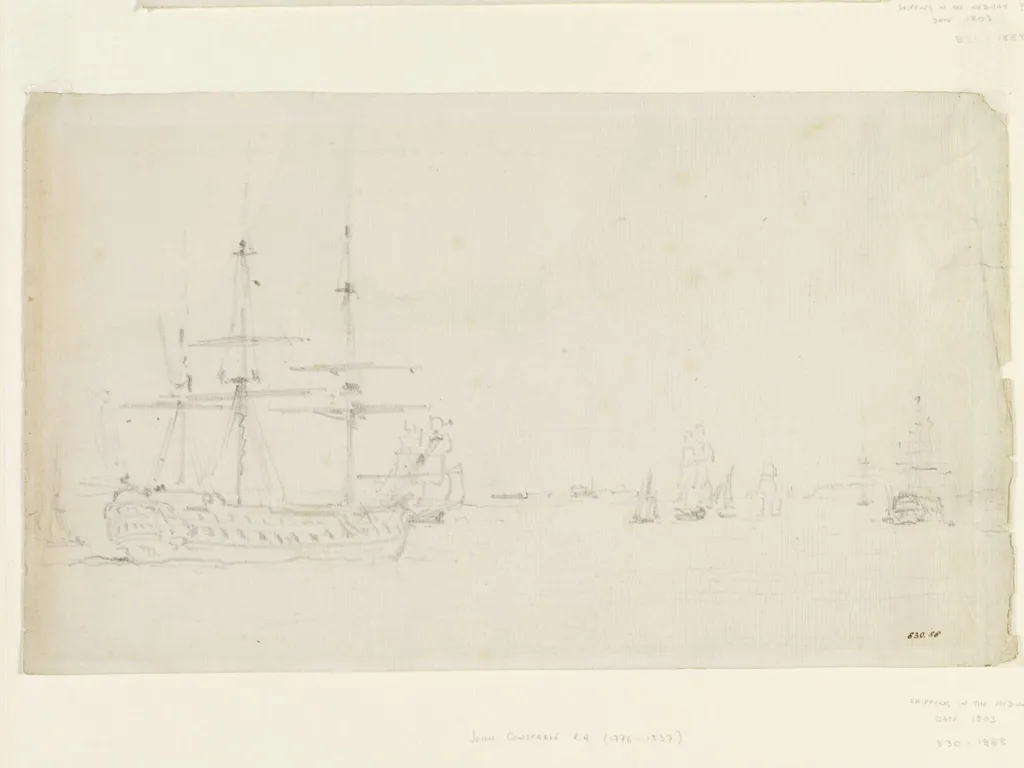 A ship at anchor and other shipping in the Thames, by John Constable, watercolor, 1803