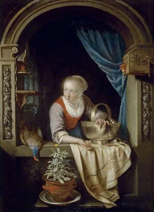 Woman at a Window with a Copper Bowl of Apples and a Cock Pheasant, detail