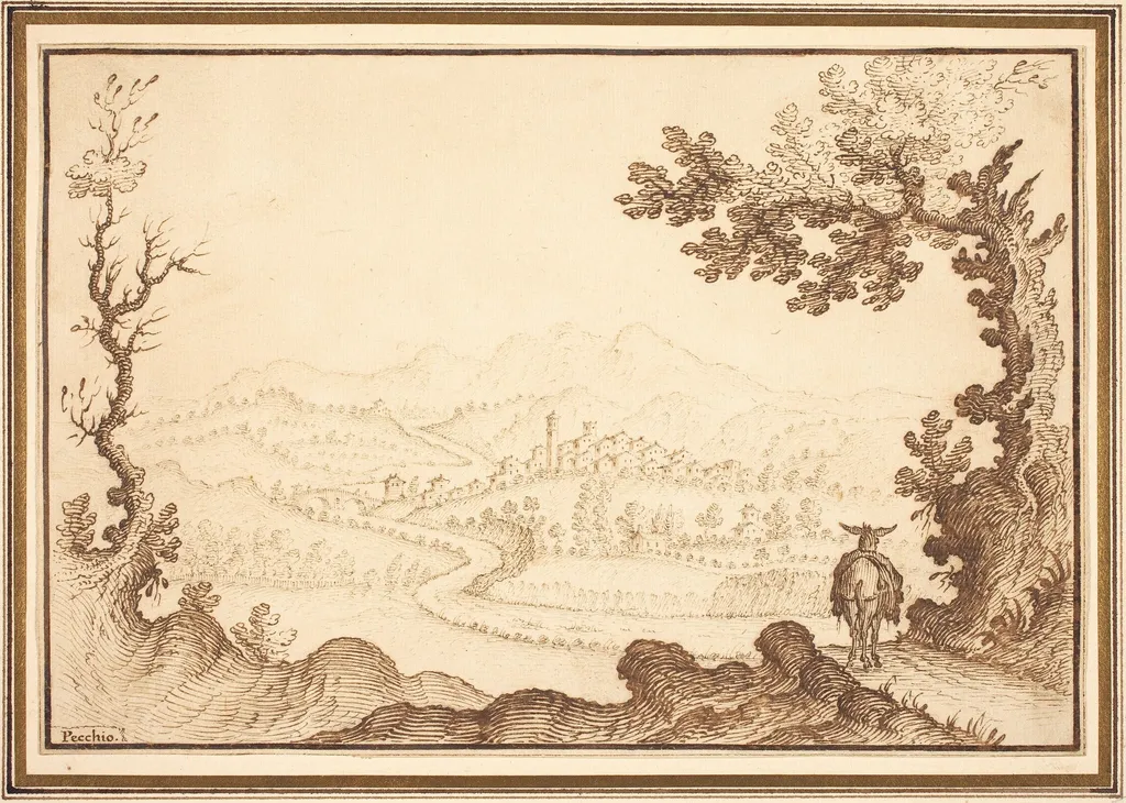 A Landscape Near Pecchio, by Remigio Cantagallina, ink, 1619