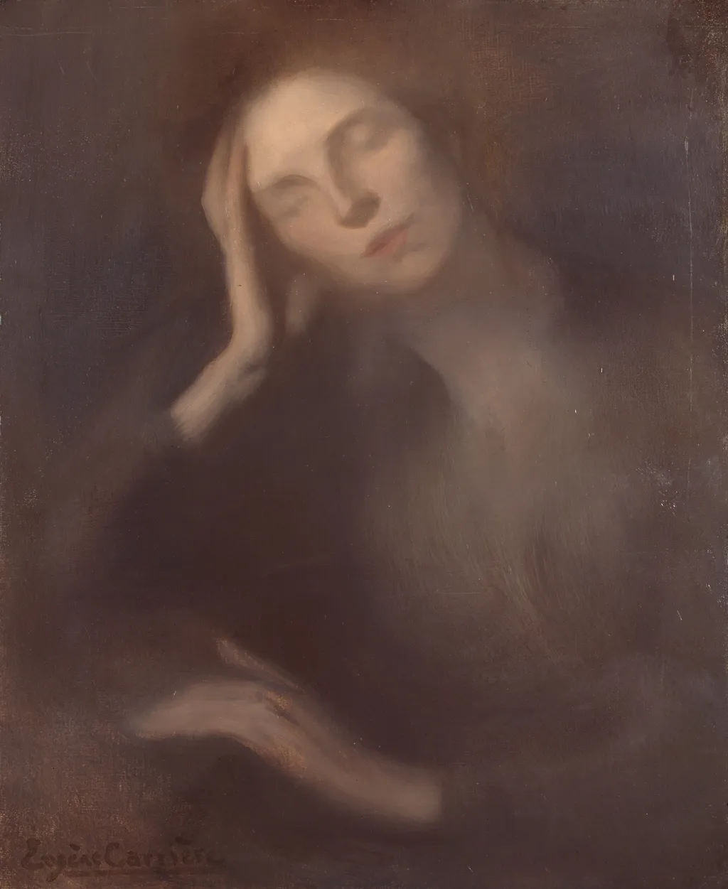Woman Leaning on a Table, by Eugène Carrière, oil, 1896