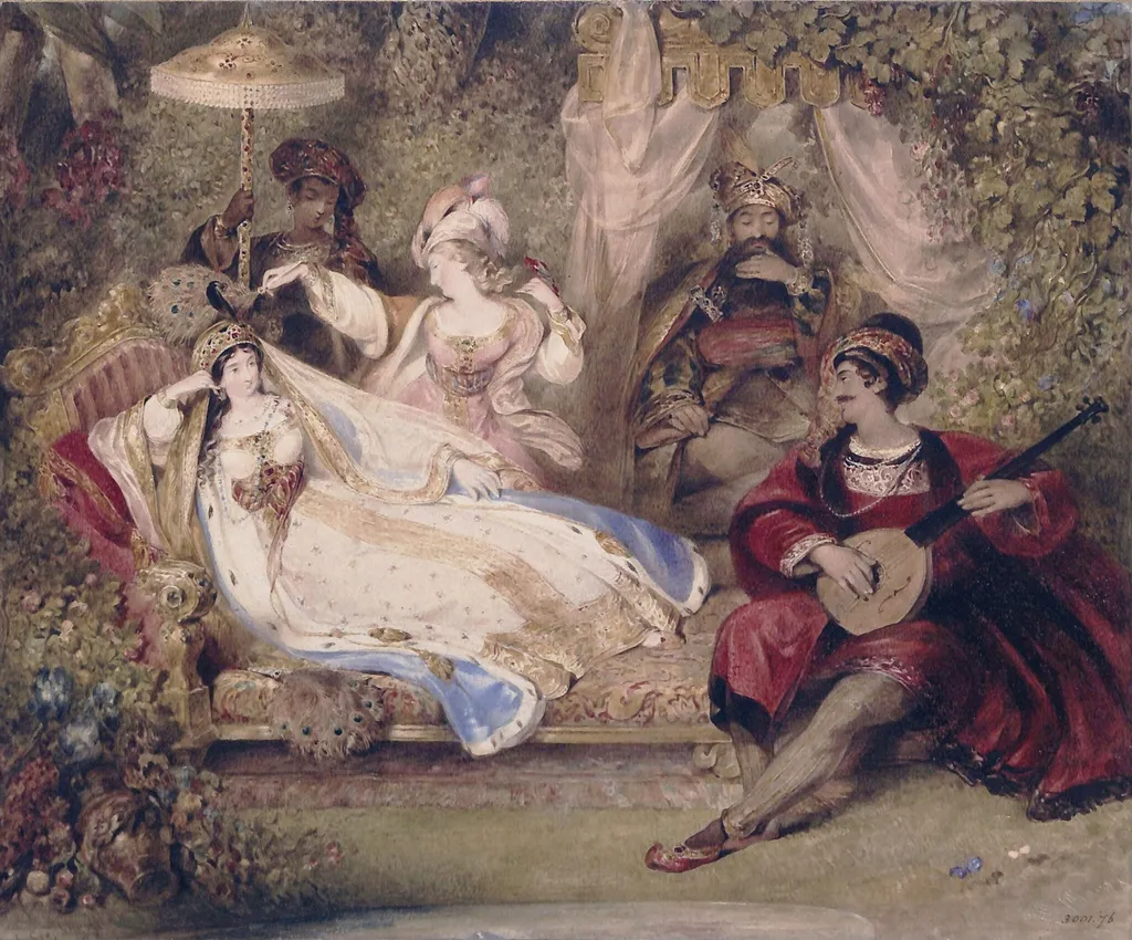 Feramorz relating he story of the Peri, by James Stephanoff, watercolor, 1822