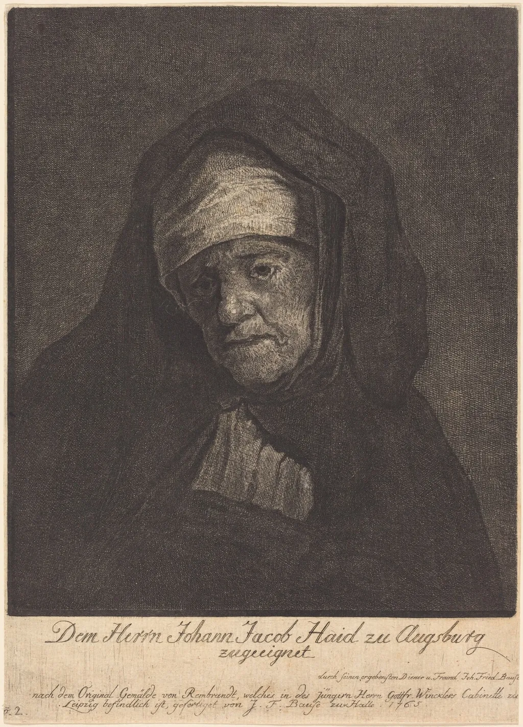 Head of an Aged Woman, by Johann Friedrich Bause, ink, 1765