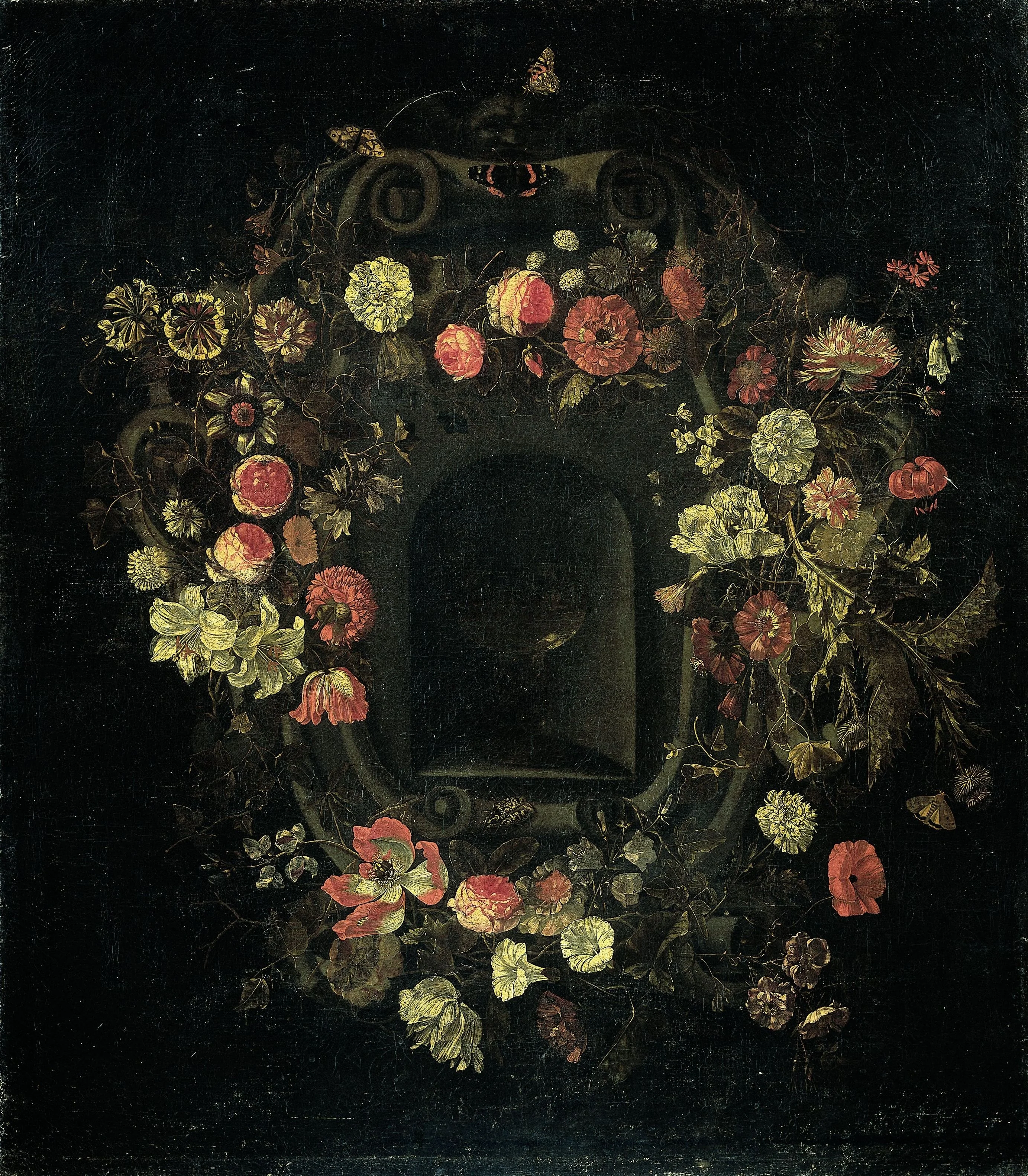 Wreath of flowers encircling a niche, detail