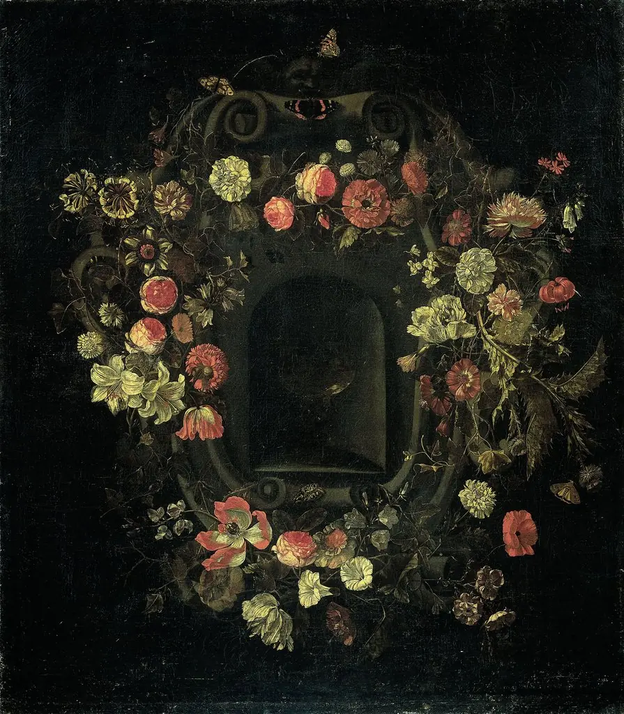 Wreath of flowers encircling a niche, by Karel Batist, oil, 1661