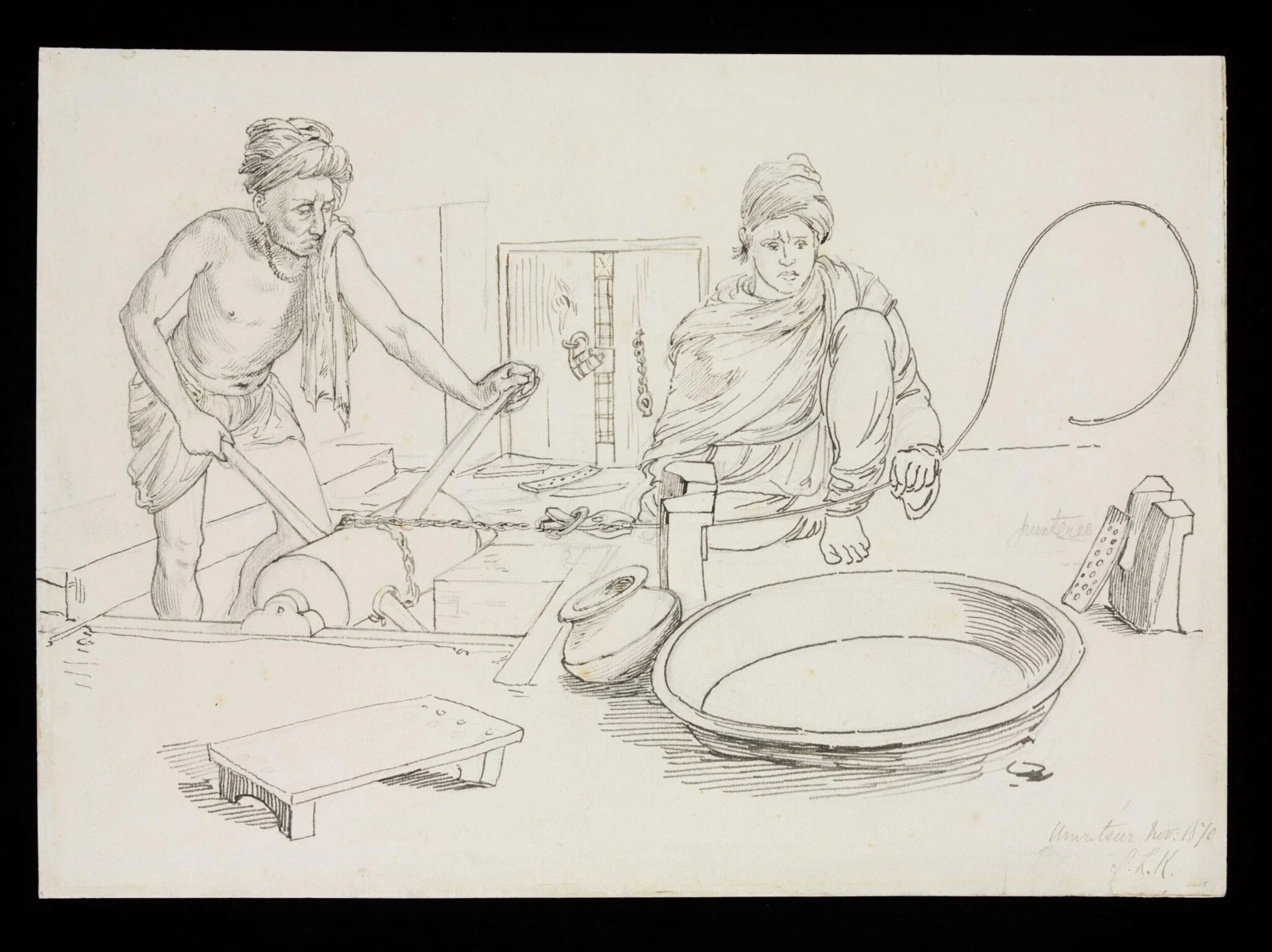 Two men working with machines to produce silver gilt wire, detail